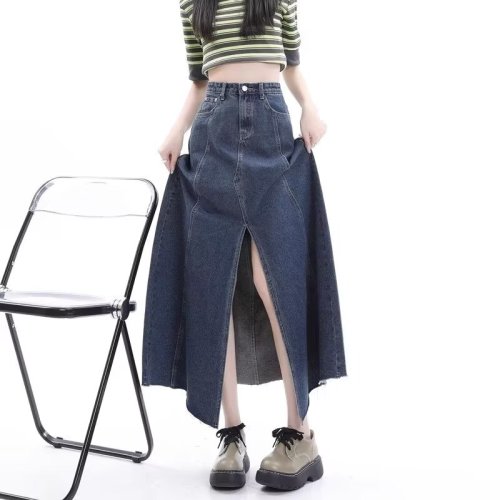 Retro high-waisted denim skirt for women in autumn new loose and slim fur-edge umbrella skirt A-line skirt puff skirt