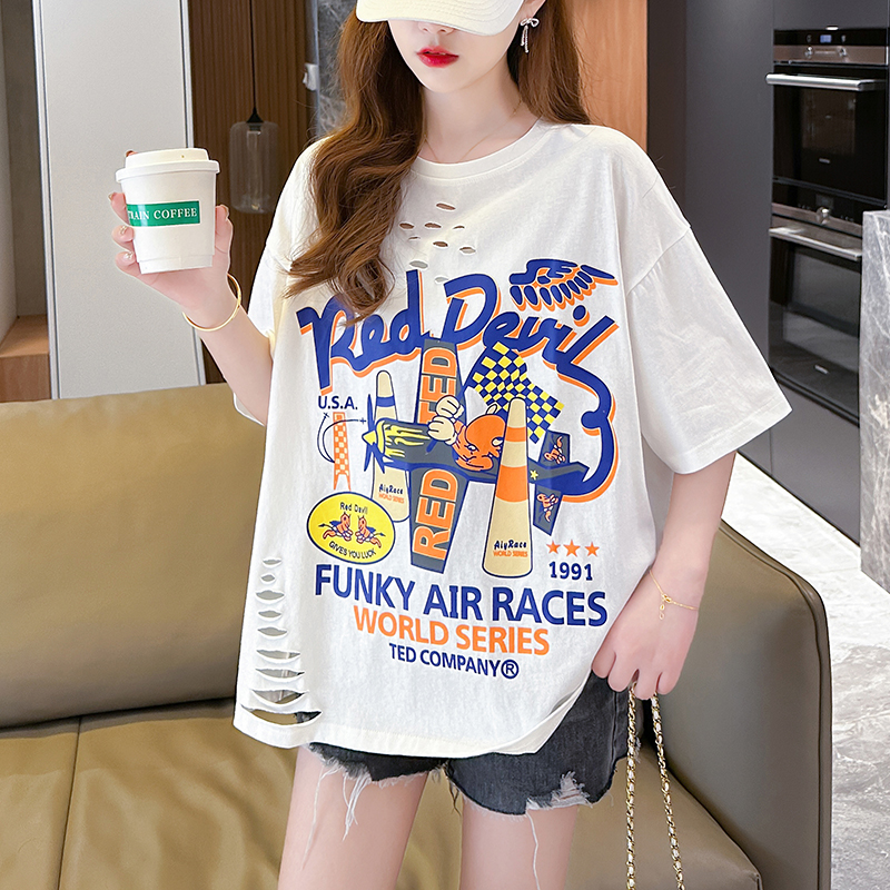 Actual shot of 100% pure cotton fashionable ripped Korean style small printed short-sleeved T-shirt for women summer plus size top