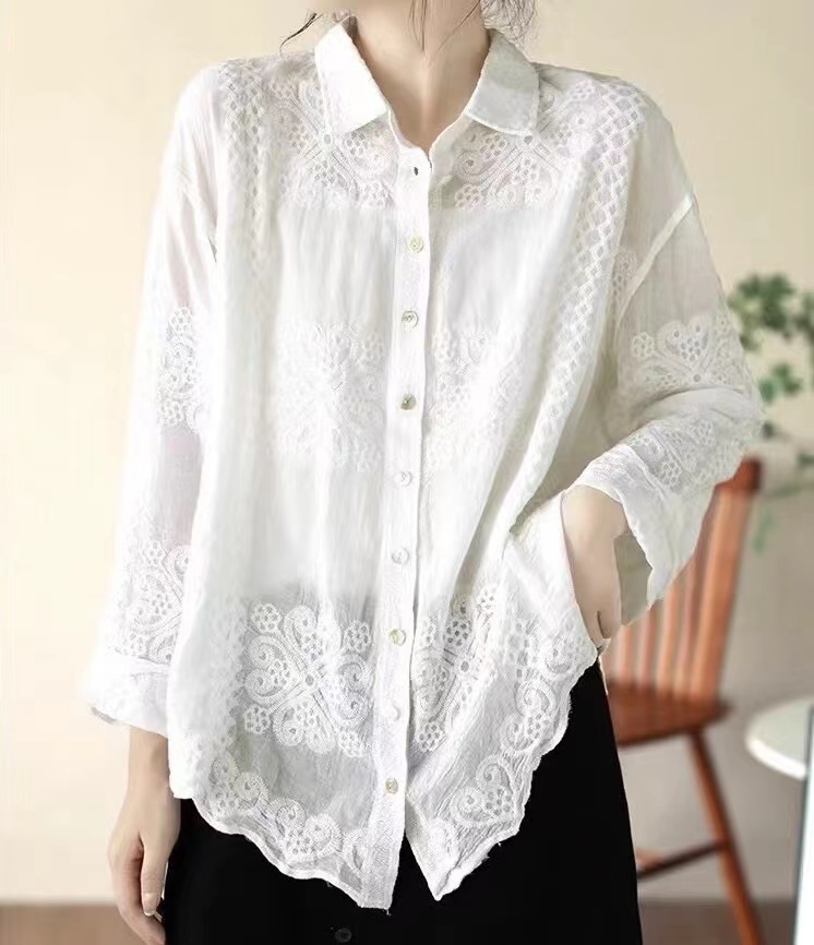 Literary embroidery pure cotton long-sleeved shirt 2024 new women's autumn shirt loose casual Polo collar white top
