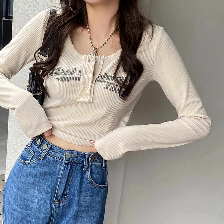 Sweet Hot Girl Short Front Shoulder Long Sleeve T-shirt Women's Spring and Autumn 2024 New Sexy Slim Bottoming Shirt Top