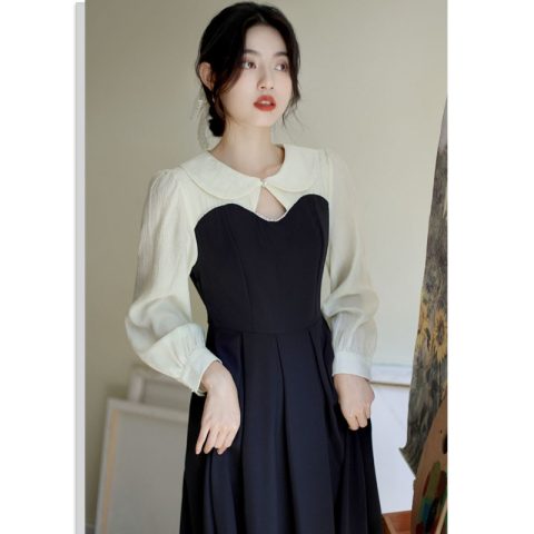 Spring French Platycodon Tea Break Dress Women's Contrast Color Design Niche Waist Long Skirt Temperament