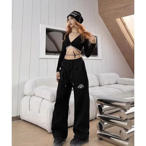 American trendy brand embroidered straight-leg sweatpants for women spring and autumn new loose wide-leg drape casual sports pants