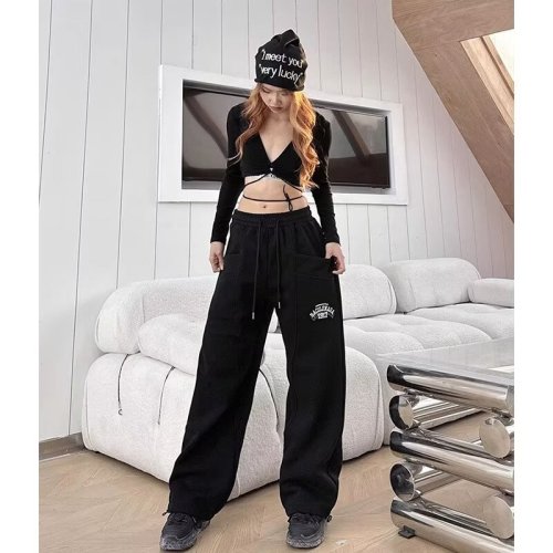 American trendy brand embroidered straight-leg sweatpants for women spring and autumn new loose wide-leg drape casual sports pants