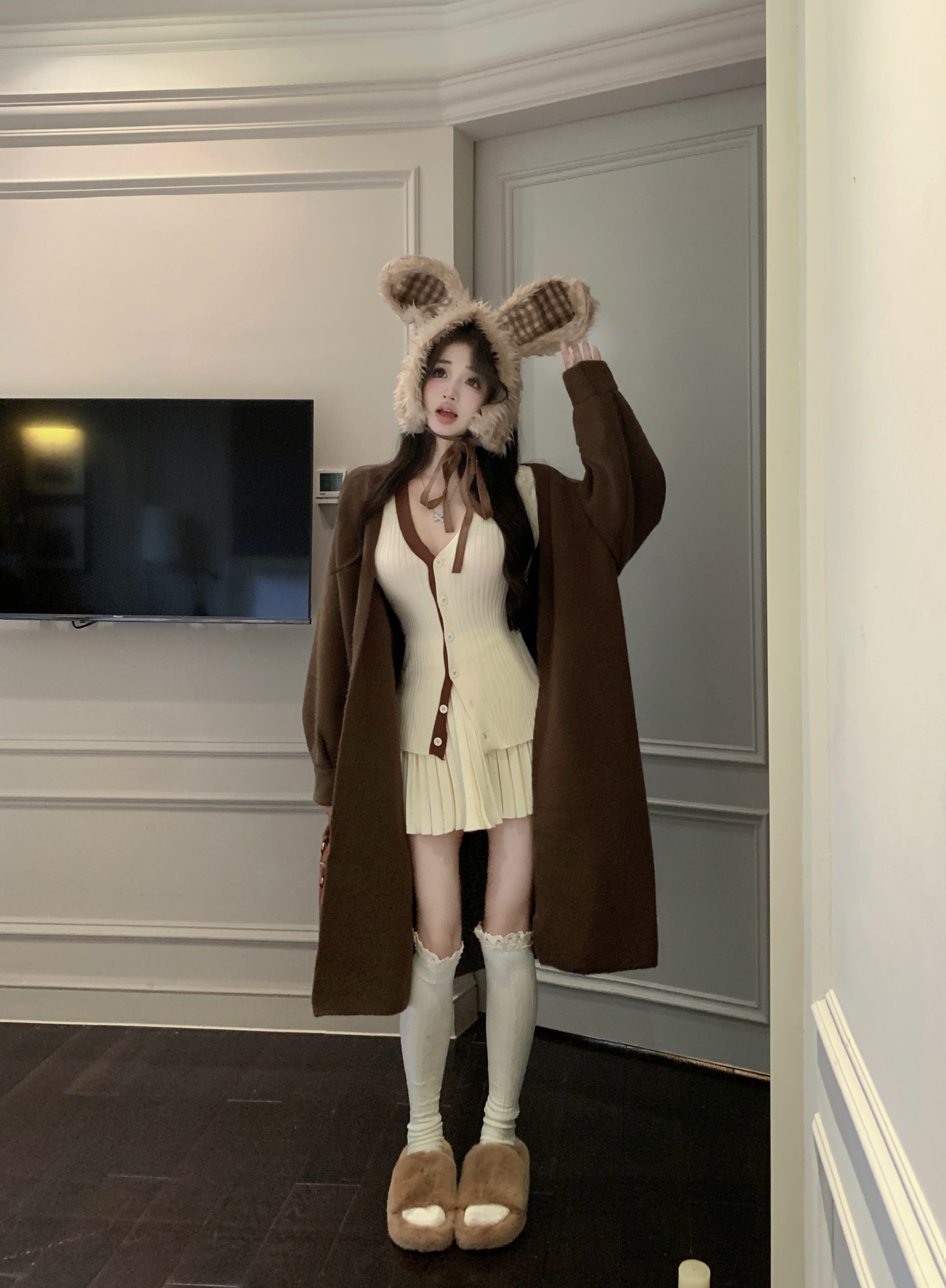 Real shot~Exquisite contrasting color cardigan, pleated skirt, short skirt suit, thickened long-sleeved sweater jacket