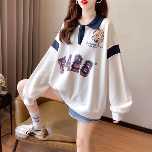 Actual shot of Western-style polo collar sweatshirt for women, spring and autumn thin Korean style loose large size long-sleeved top ins trend