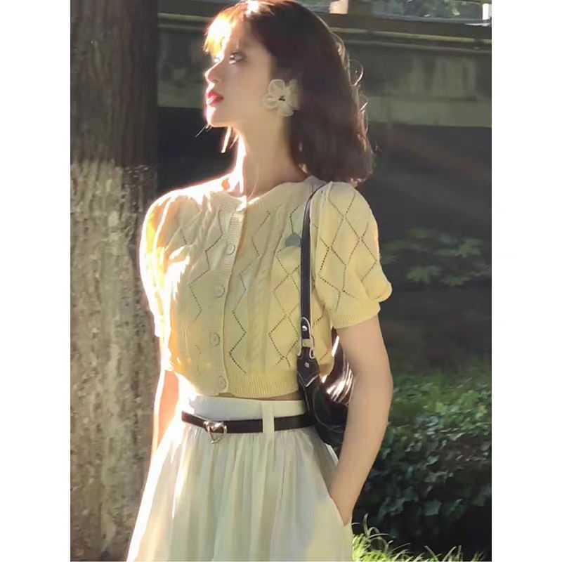 French yellow hollow short-sleeved knitted cardigan for women summer thin puff-sleeved right shoulder T-shirt slim short top