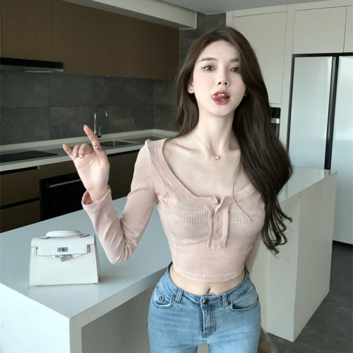 Fashion super hot pure lust style cotton long-sleeved T-shirt for women new pink hot girl slim short sexy navel top