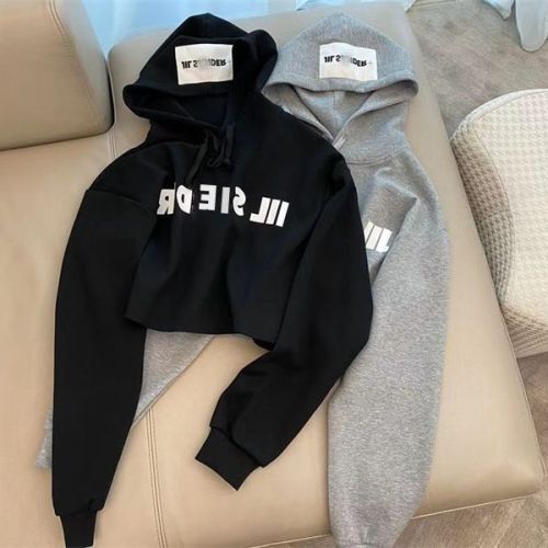 Hooded sweatshirt spring and summer new letter print loose and versatile short long-sleeved hot girl top ins