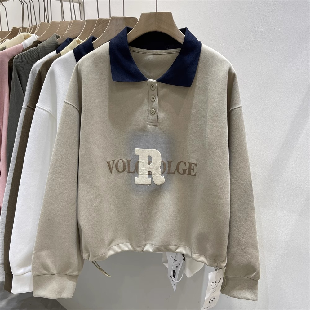 Letter Printed POLO Collar Sweater Women's Spring and Autumn 2024 New College Style Loose Lapel Color Block Pullover Top