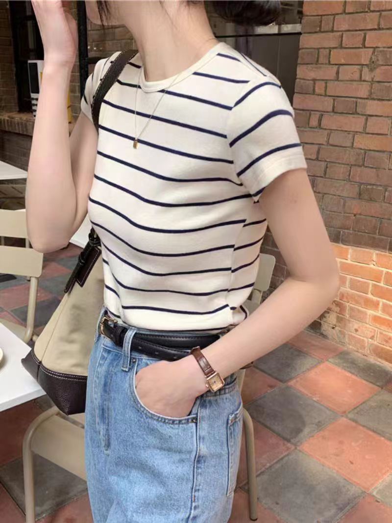 New summer striped all-match slimming T-shirt women's short-sleeved American retro small man right shoulder top