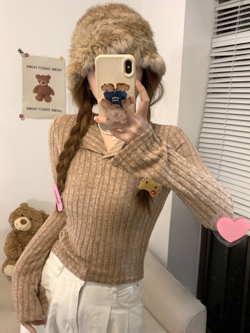 Real shot Pure desire lapel long-sleeved sweater for women autumn and winter sweater design slim fit inner layering shirt