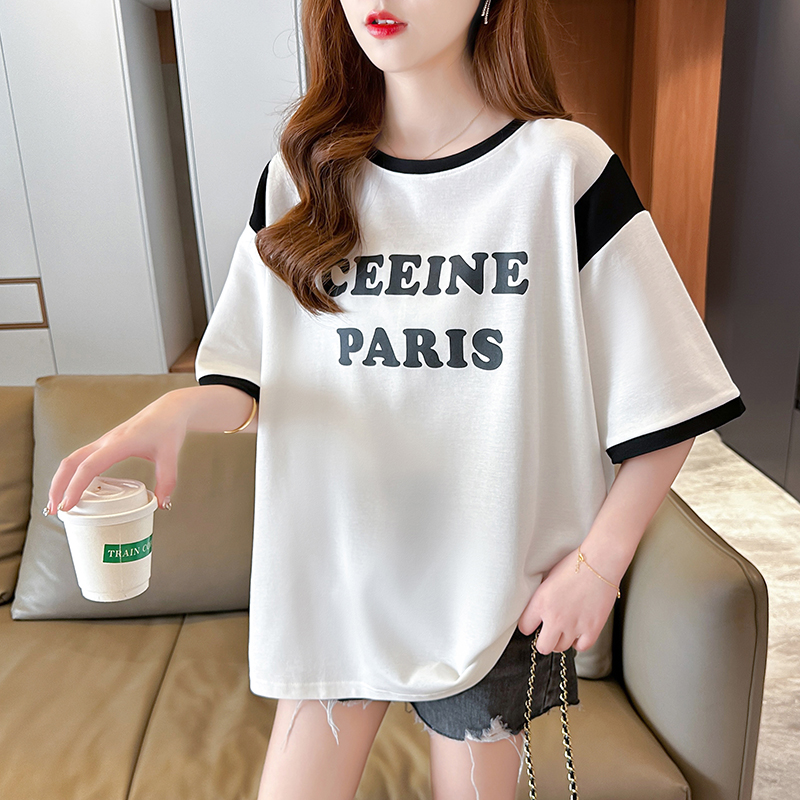 Actual shot of 100% pure cotton plus size women's Korean style mid-length contrasting color short-sleeved T-shirt summer style top