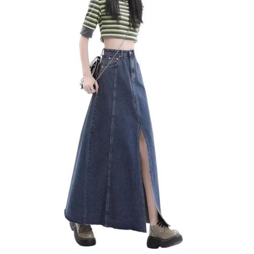 Retro high-waisted denim skirt for women in autumn new loose and slim fur-edge umbrella skirt A-line skirt puff skirt