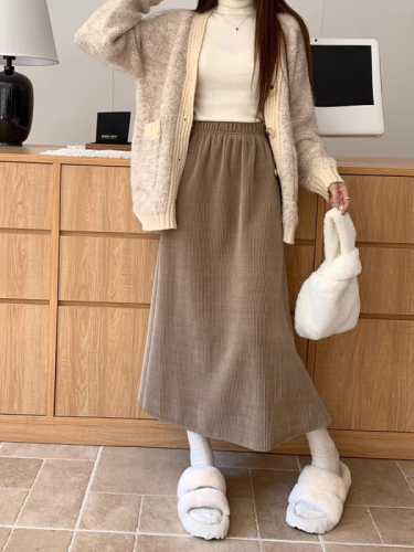 Retro Thickened Corduroy Skirt Women's Autumn New  High Waist Slim Versatile Mid-Length A-Line Skirt