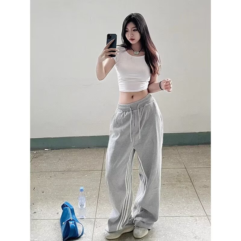American Retro Casual Pants Autumn High Waist Draped Wide Leg Pants Women's Floor-Mopping Pants 2024 New Gray Sports Pants