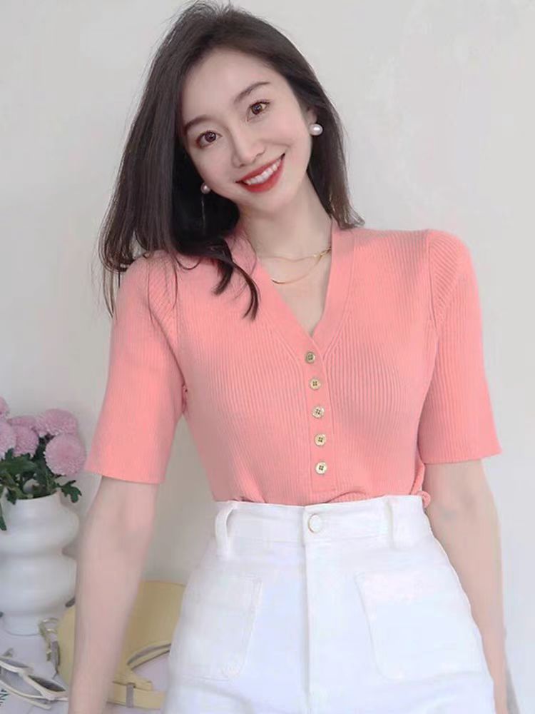 Pink v-neck short-sleeved ice silk knitted cardigan for women new summer fashionable style slimming top