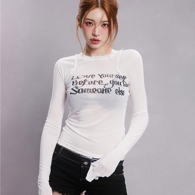 Spring, Autumn and Summer Bottoming Shirt New Pure Desire Hot Girl Slim Long Sleeve T-Shirt Slightly Transparent Printed Sun Protection Top