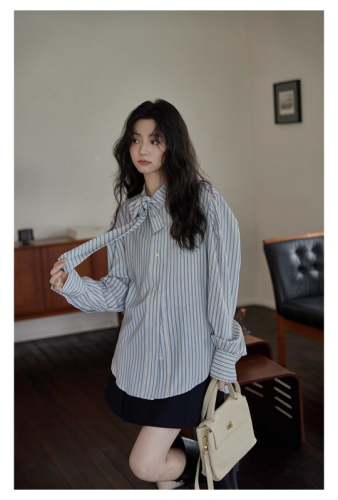 140g four-sided stretch printed Korean style bow striped shirt for women autumn loose versatile shirt retro top