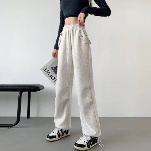 American retro paratrooper overalls women's pants autumn elastic waist drawstring straight casual pants cool trendy high street wide leg pants