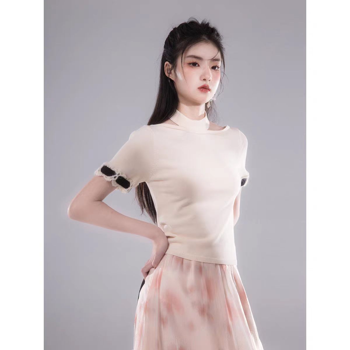 Ice-silk natural fiber Southern French rose summer Tencel silk top with decorative sleeves