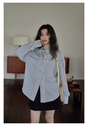 140g four-sided stretch printed Korean style bow striped shirt for women autumn loose versatile shirt retro top