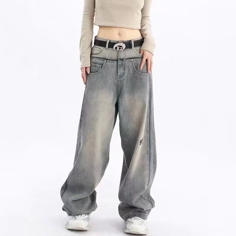 American retro straight jeans for women 2024 spring new style washed distressed embroidery splicing design long pants