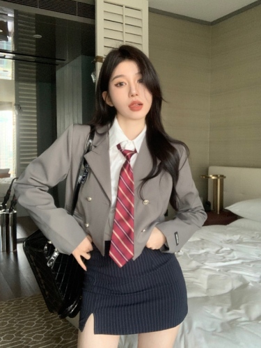 Korean art top student's shirt comes with tie, blazer, slimming and high-hip skirt