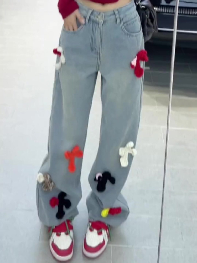 Design niche high-waisted straight-leg all-match wide-leg pants autumn and winter knitted wool colorful embroidered cross jeans