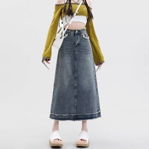 Denim skirt mid-length 2024 spring and autumn new high-waist slimming raw edge splicing A-line over-the-knee hip-covering skirt