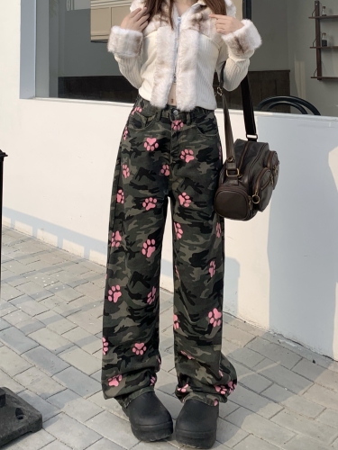 Real shot!  !  !  Camouflage jeans for women, loose straight high waist printed slim wide leg pants to cover the flesh