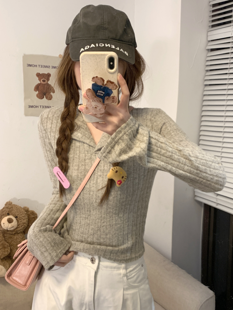Real shot Pure desire lapel long-sleeved sweater for women autumn and winter sweater design slim fit inner layering shirt