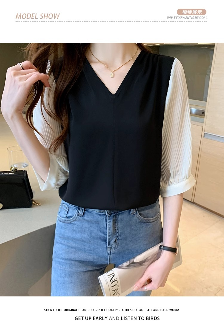 Design niche spring wear 2024 new Korean style temperament V-neck chiffon shirt mid-sleeve top