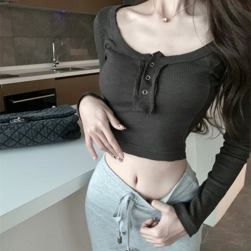 Fashion super hot pure lust style cotton long-sleeved T-shirt for women new pink hot girl slim short sexy navel top
