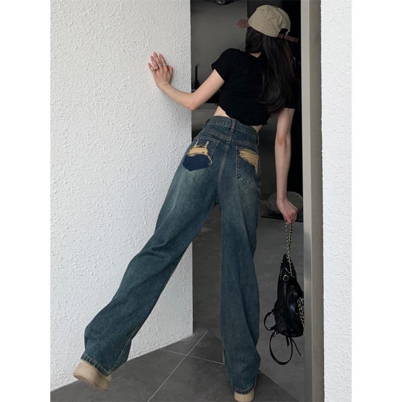 Narrow wide-leg jeans for women 2024 spring and autumn new high-waist drape slimming contrasting straight pants for small people