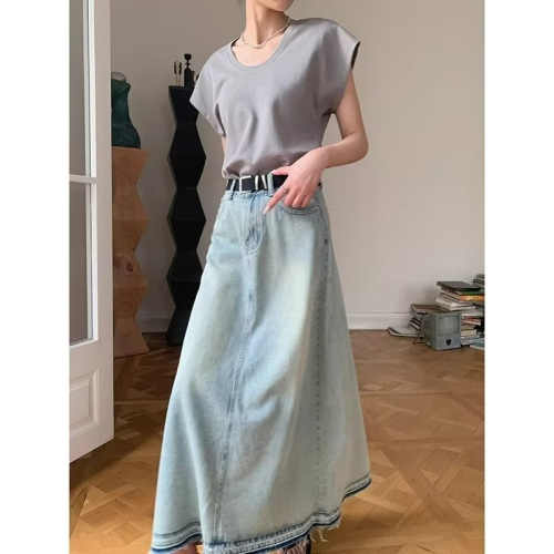 Hong Kong style retro design distressed raw edge denim skirt autumn high waist slim A-line skirt long skirt for women