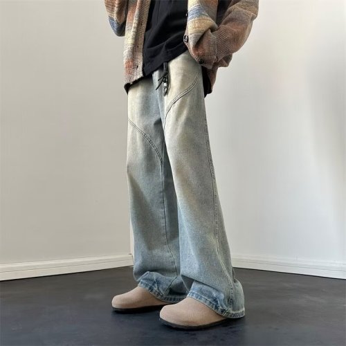 Autumn washed distressed spliced ​​jeans for men and women, trendy and versatile straight-leg pants, loose retro denim trousers