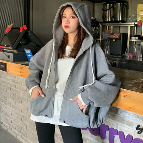 Women's sweatshirt hooded spring and autumn Korean style zipper cardigan loose sports coat hoodie plus velvet