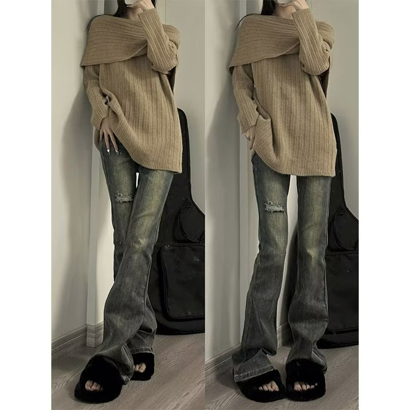 American retro blue ripped bootcut jeans for women in spring and autumn new style hot girls high waist straight flared pants trendy