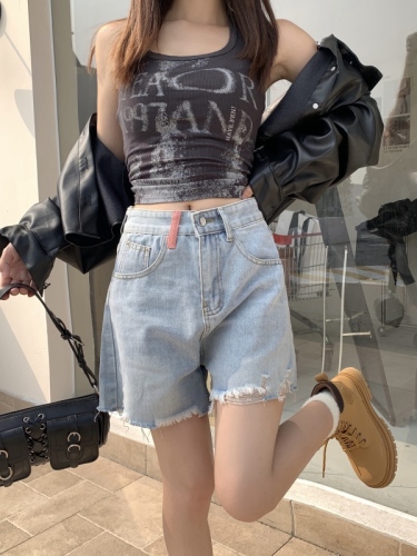 Real shot!  !  !  Korean style contrast embroidered women's jeans summer raw edge a-line high waist shorts