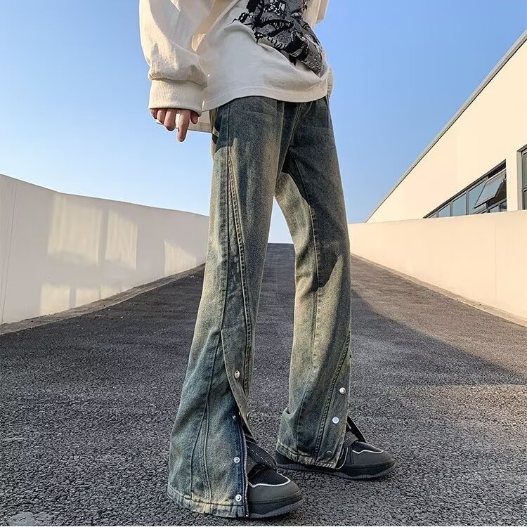 Men's high-street button-breasted jeans, washed distressed style pants, trendy brand niche design, straight-leg American bootcut pants