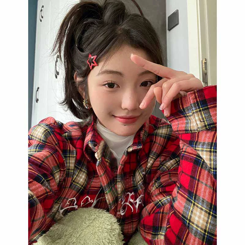 35 Cotton 65 Polyester 2024 Retro Plaid Contrast Color Long Sleeve Shirt Women's Loose Outerwear Trendy Brand Top