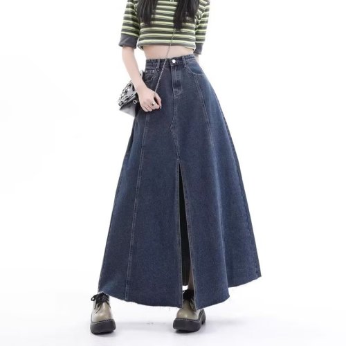 Retro high-waisted denim skirt for women in autumn new loose and slim fur-edge umbrella skirt A-line skirt puff skirt