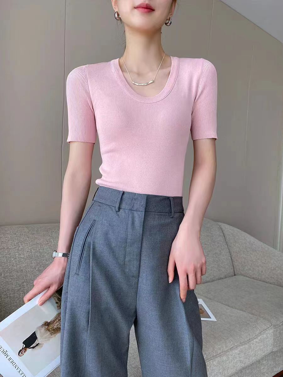 PINKEEN pink short-sleeved round neck sweater for women summer new slim fit and versatile top