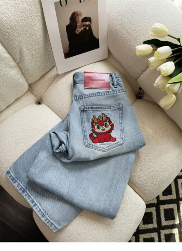 European station high waist denim straight pants for women spring new European narrow version wide leg pants slimming cartoon dragon embroidery