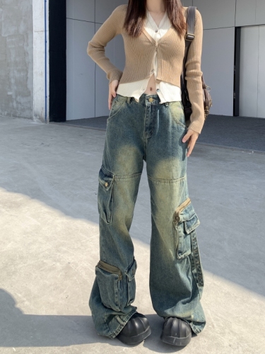 Real shot!  !  !  American style pocket cargo jeans women's high street straight trousers retro trousers floor mopping