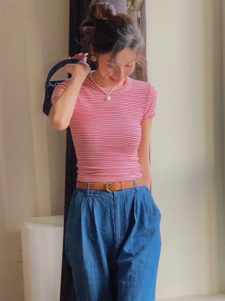 Striped knitted short-sleeved T-shirt for women summer slim knitted