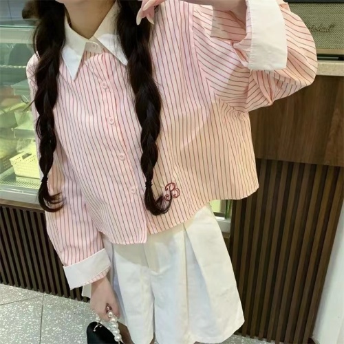 Polo collar striped shirt women's spring 2024 new style small fresh embroidered letters short loose long-sleeved top