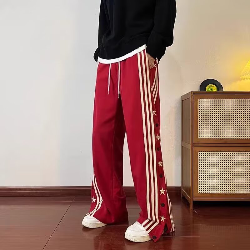 American retro striped breasted star casual pants for men and women European and American hiphop street pants high street straight pants