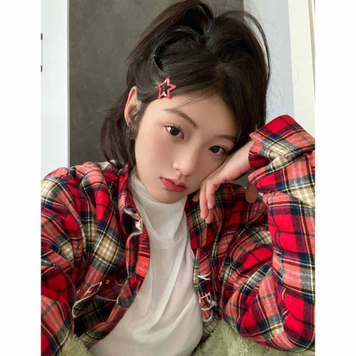 35 Cotton 65 Polyester 2024 Retro Plaid Contrast Color Long Sleeve Shirt Women's Loose Outerwear Trendy Brand Top