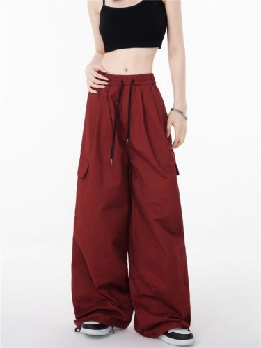 American retro red wide-leg overalls women's high street dance pants hiphop straight casual pants floor-length trousers